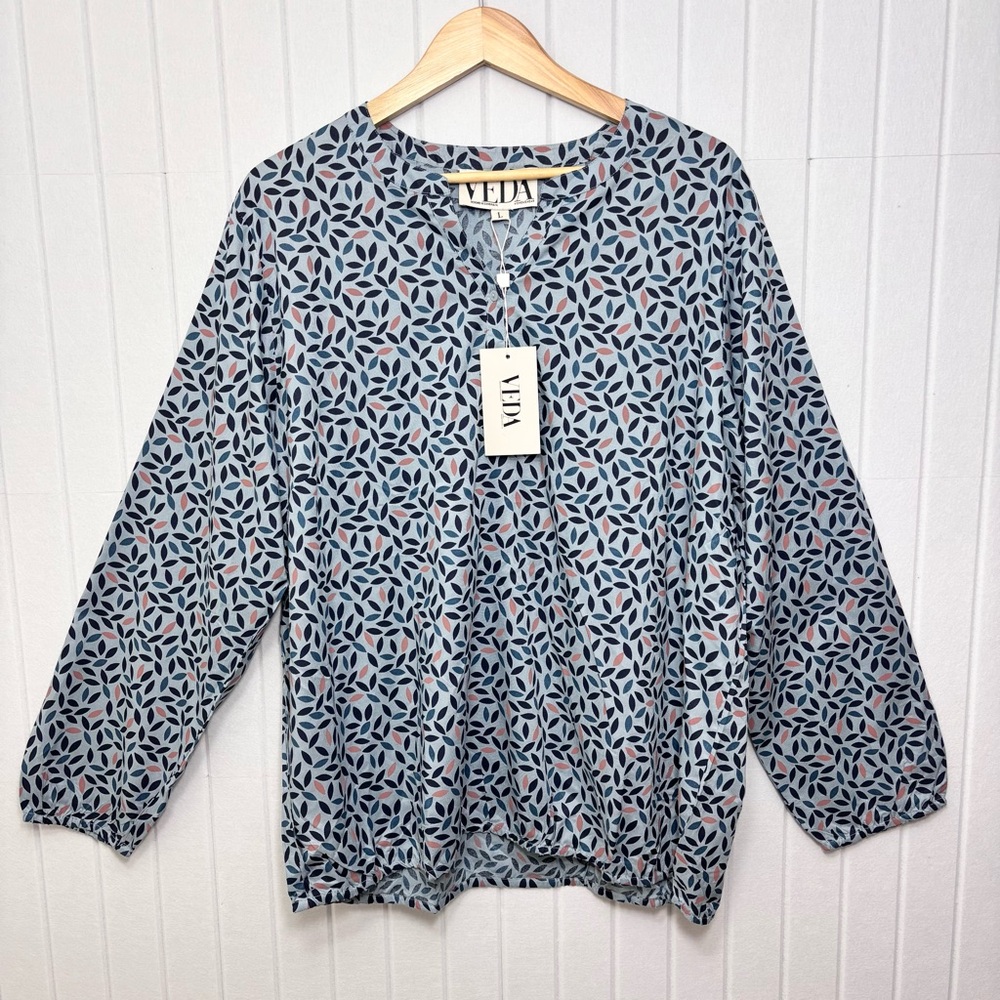 Veda Blue and Brown Puff‎ Sleeve Blouse Lightweight Size L
